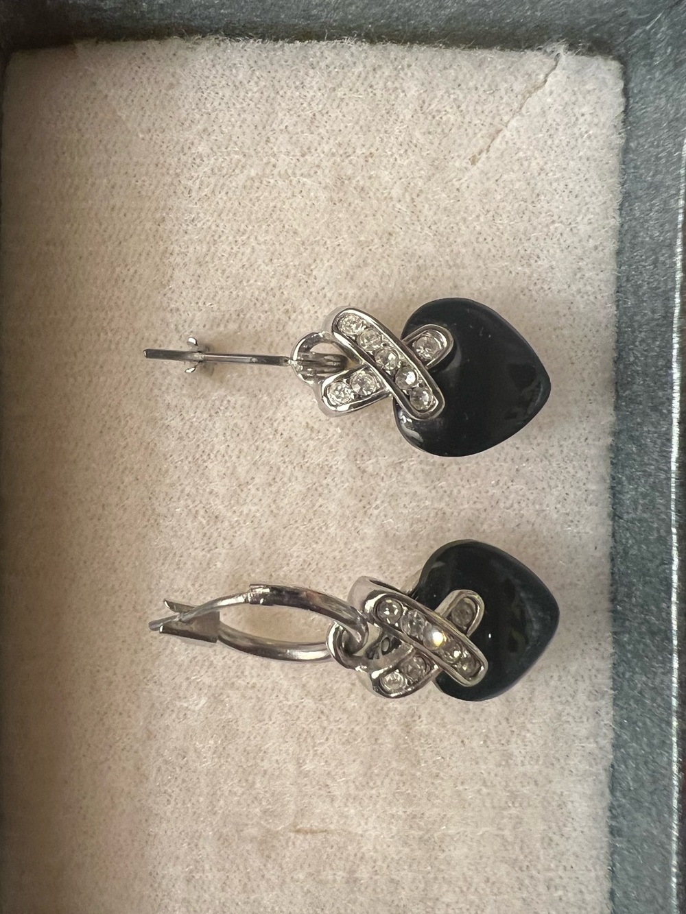 Silver-Tone Black Heart Drop Earrings with Crystal Accents